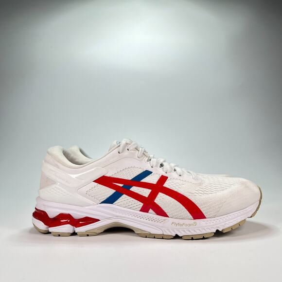 ASICS GEL Kayano 26 White Red Blue Low Top Running Shoes 1011A771 Men's Size 10 - Picture 1 of 10